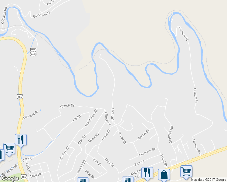 map of restaurants, bars, coffee shops, grocery stores, and more near Estates Drive in Pounding Mill