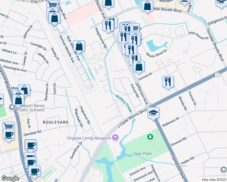 map of restaurants, bars, coffee shops, grocery stores, and more near 80 Concord Crescent in Newport News