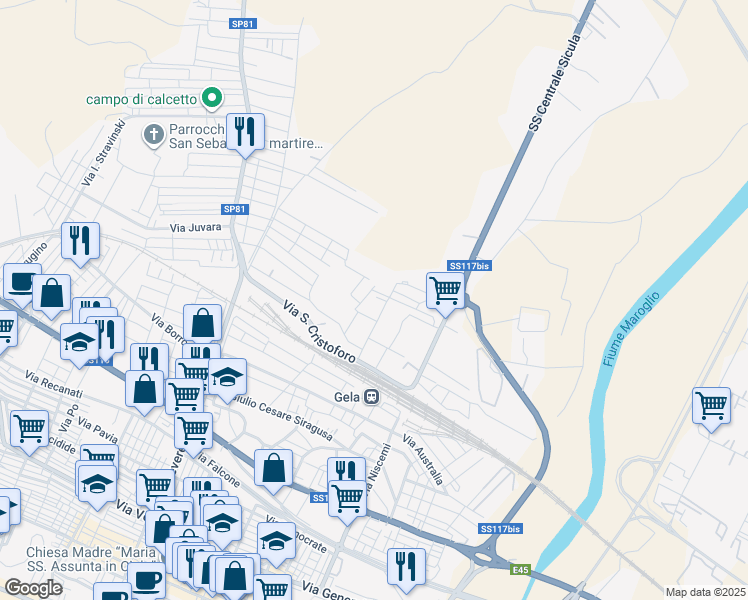 map of restaurants, bars, coffee shops, grocery stores, and more near 18 Via Enrico Artigiani in Gela