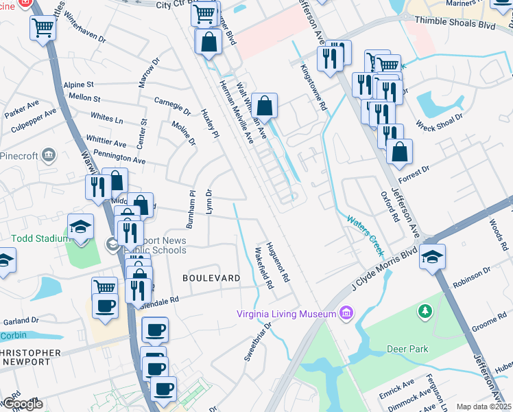 map of restaurants, bars, coffee shops, grocery stores, and more near 81 Middlesex Road in Newport News