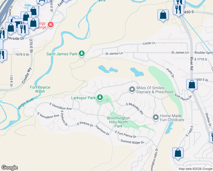 map of restaurants, bars, coffee shops, grocery stores, and more near 830 Larkspur Road in St. George