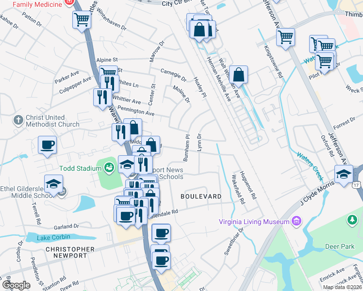 map of restaurants, bars, coffee shops, grocery stores, and more near 101 Burnham Place in Newport News