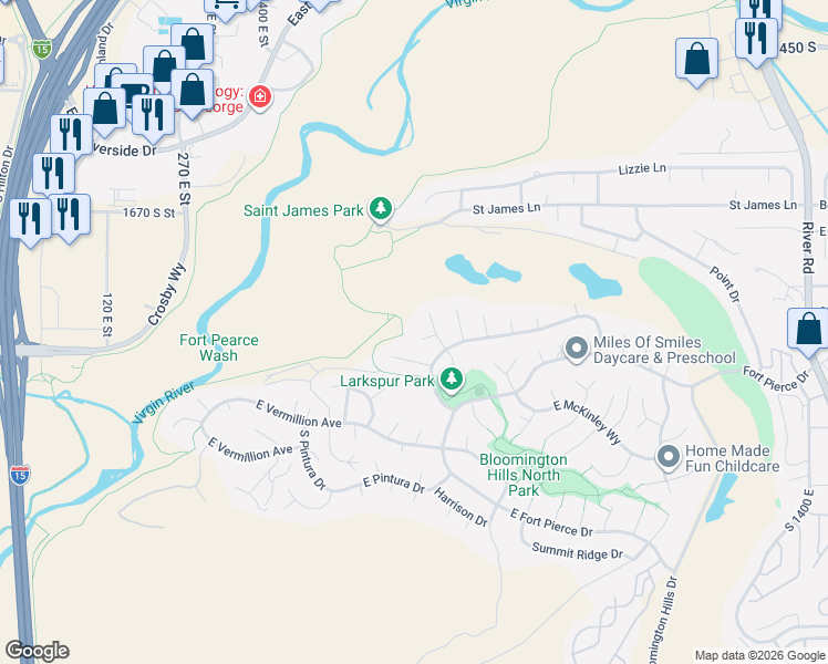 map of restaurants, bars, coffee shops, grocery stores, and more near 725 Gunlock Circle in St. George