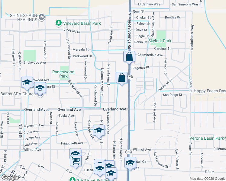 map of restaurants, bars, coffee shops, grocery stores, and more near 433 North Santa Venetia Street in Los Banos