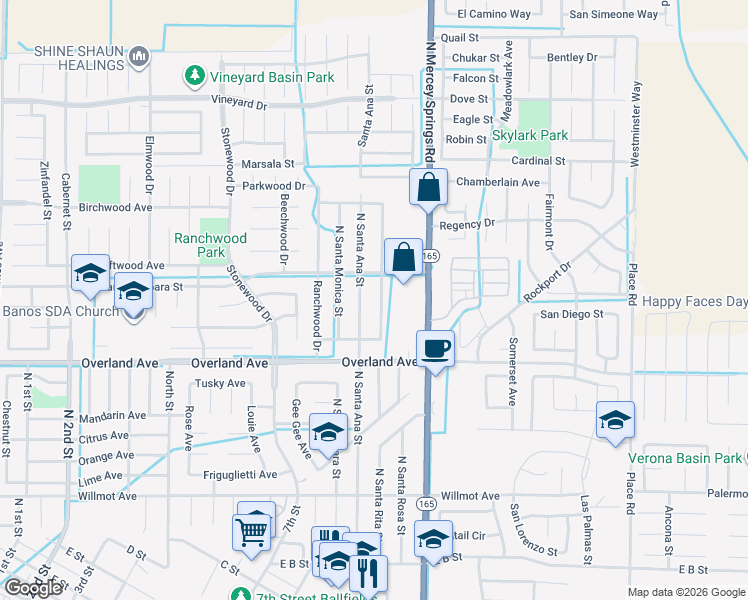 map of restaurants, bars, coffee shops, grocery stores, and more near 433 North Santa Venetia Street in Los Banos