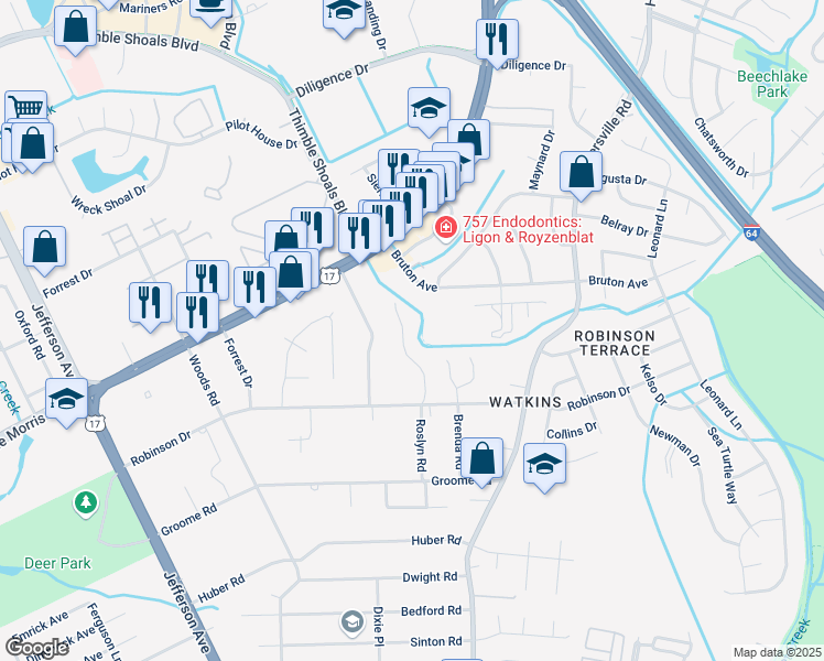 map of restaurants, bars, coffee shops, grocery stores, and more near 717 Roslyn Road in Newport News