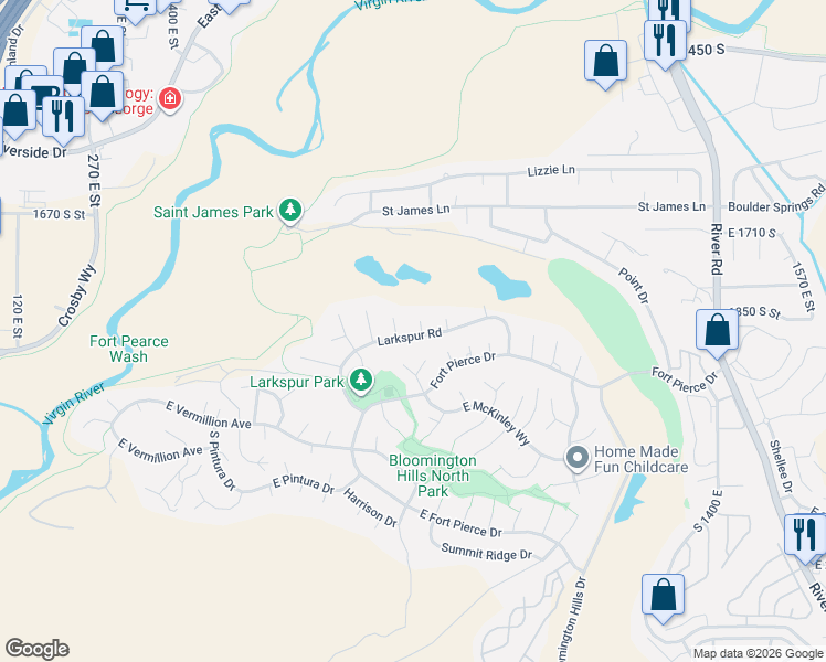 map of restaurants, bars, coffee shops, grocery stores, and more near 890 Larkspur Road in St. George
