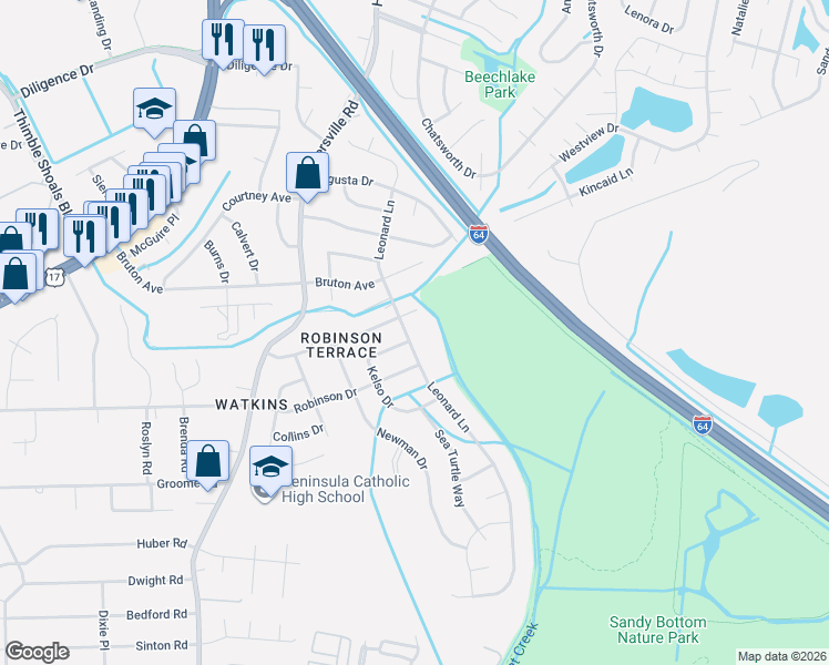 map of restaurants, bars, coffee shops, grocery stores, and more near 673 Kelso Drive in Newport News