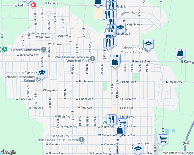 map of restaurants, bars, coffee shops, grocery stores, and more near 304 West Poplar Avenue in Arkansas City