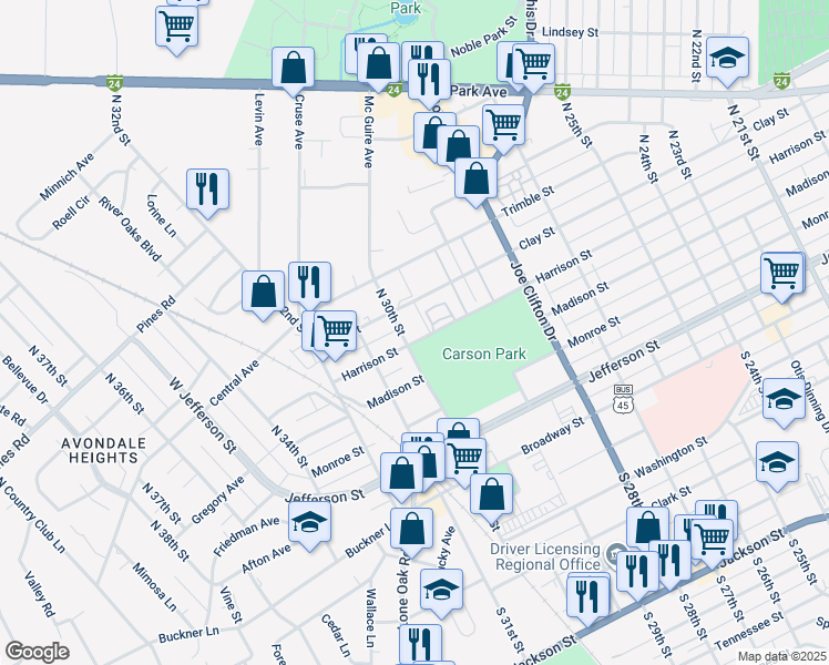 map of restaurants, bars, coffee shops, grocery stores, and more near 2979 Harrison Street in Paducah