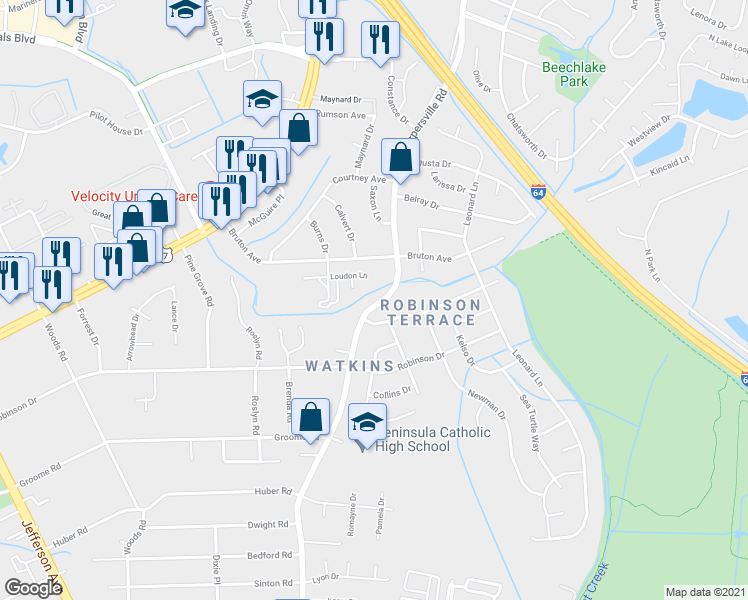 map of restaurants, bars, coffee shops, grocery stores, and more near 673 Harpersville Road in Newport News