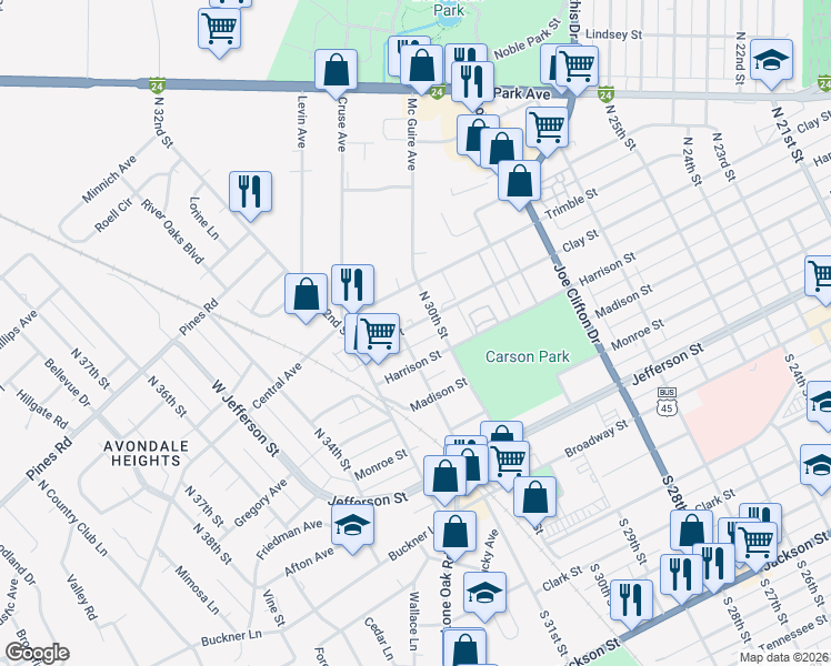map of restaurants, bars, coffee shops, grocery stores, and more near 3028 Clay Street in Paducah