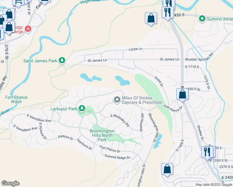 map of restaurants, bars, coffee shops, grocery stores, and more near 984 Larkspur Road in St. George