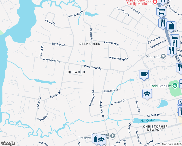 map of restaurants, bars, coffee shops, grocery stores, and more near 144 Hermitage Road in Newport News
