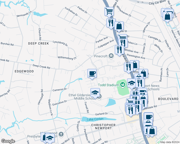 map of restaurants, bars, coffee shops, grocery stores, and more near 114 Wellesley Drive in Newport News