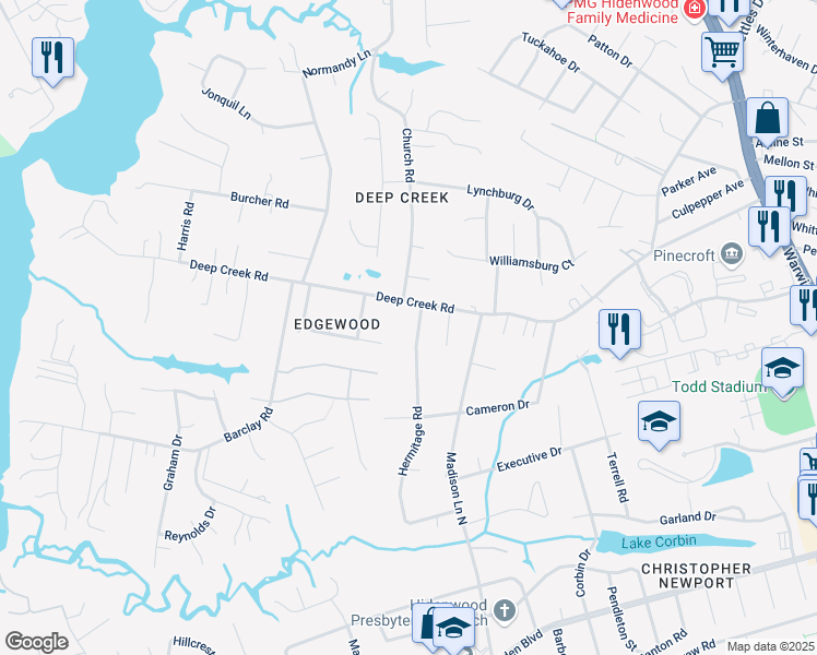 map of restaurants, bars, coffee shops, grocery stores, and more near 144 Hermitage Road in Newport News