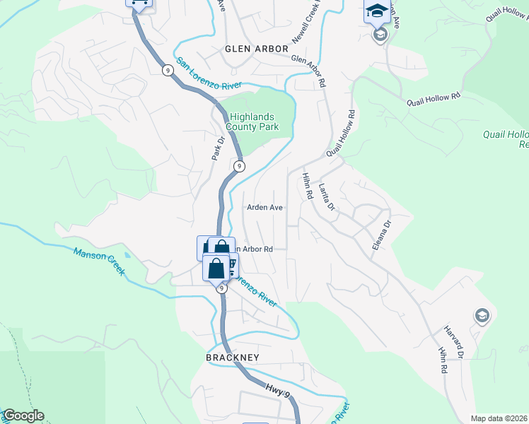 map of restaurants, bars, coffee shops, grocery stores, and more near 171 Arden Avenue in Ben Lomond