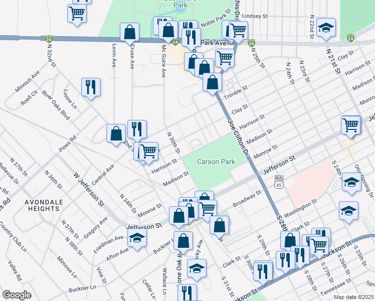 map of restaurants, bars, coffee shops, grocery stores, and more near 3000 Harrison Street in Paducah
