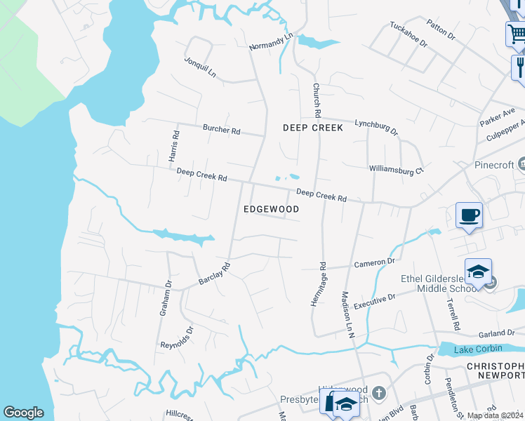 map of restaurants, bars, coffee shops, grocery stores, and more near 6 Drake Court in Newport News
