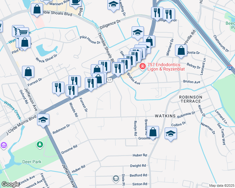 map of restaurants, bars, coffee shops, grocery stores, and more near 223 Pine Grove Road in Newport News
