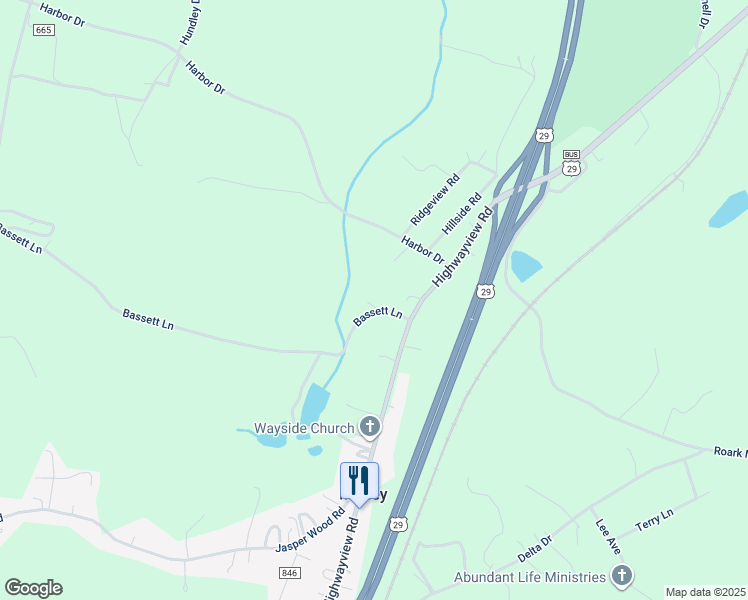map of restaurants, bars, coffee shops, grocery stores, and more near 176 Bassett Lane in Hurt