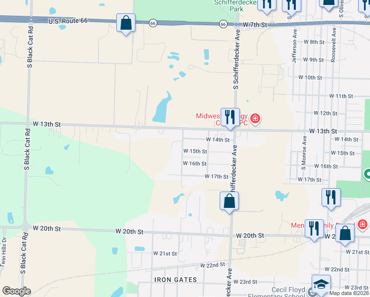 map of restaurants, bars, coffee shops, grocery stores, and more near 1601 South Cleveland Avenue in Joplin
