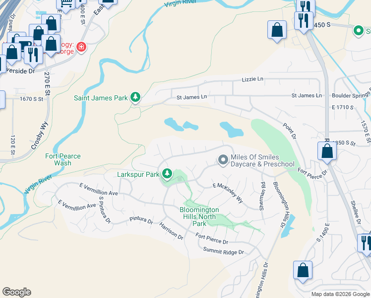 map of restaurants, bars, coffee shops, grocery stores, and more near 1885 Crockett Circle in St. George