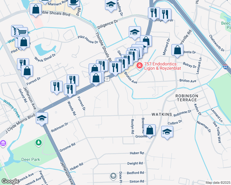 map of restaurants, bars, coffee shops, grocery stores, and more near 223 Pine Grove Road in Newport News