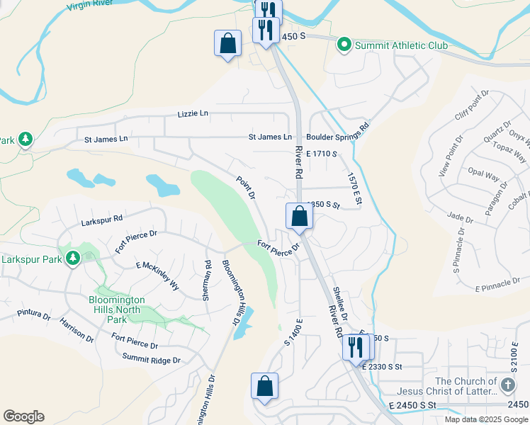 map of restaurants, bars, coffee shops, grocery stores, and more near 1922 Point Drive in St. George