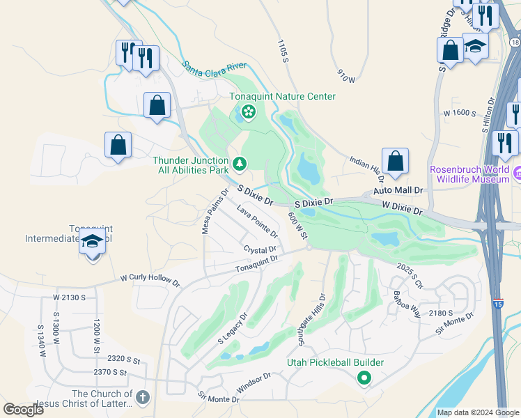 map of restaurants, bars, coffee shops, grocery stores, and more near 676 W Lava Pointe Drive in St. George