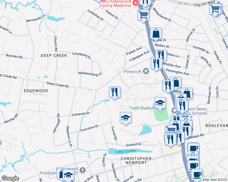 map of restaurants, bars, coffee shops, grocery stores, and more near 168 Wellesley Drive in Newport News