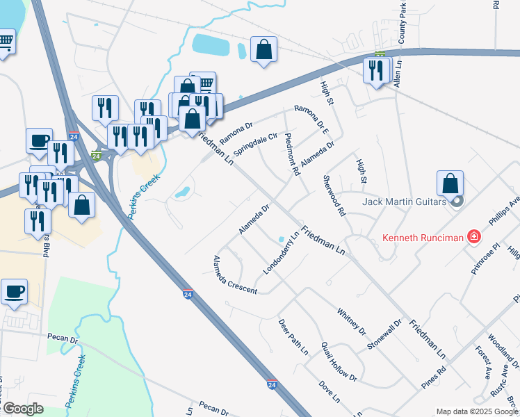 map of restaurants, bars, coffee shops, grocery stores, and more near 3819 Alameda Drive in Paducah