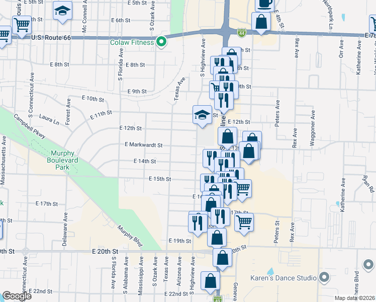 map of restaurants, bars, coffee shops, grocery stores, and more near 2831 E 14th St in Joplin