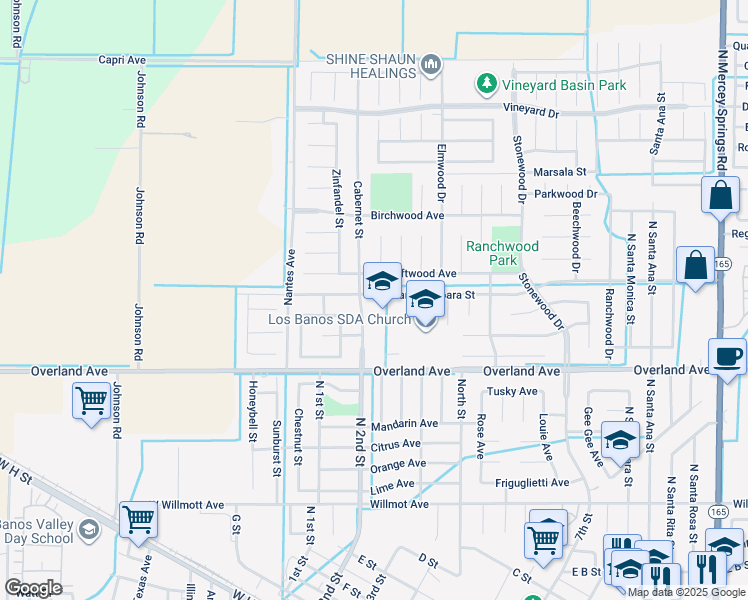 map of restaurants, bars, coffee shops, grocery stores, and more near 455 Cabernet Street in Los Banos