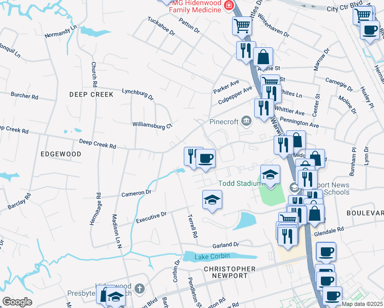 map of restaurants, bars, coffee shops, grocery stores, and more near 168 Wellesley Drive in Newport News