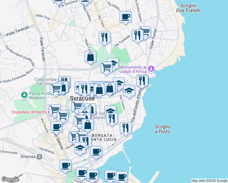 map of restaurants, bars, coffee shops, grocery stores, and more near 32 Viale Teocrito in Syracuse