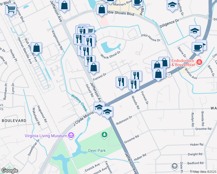 map of restaurants, bars, coffee shops, grocery stores, and more near 11700 Jefferson Avenue in Newport News