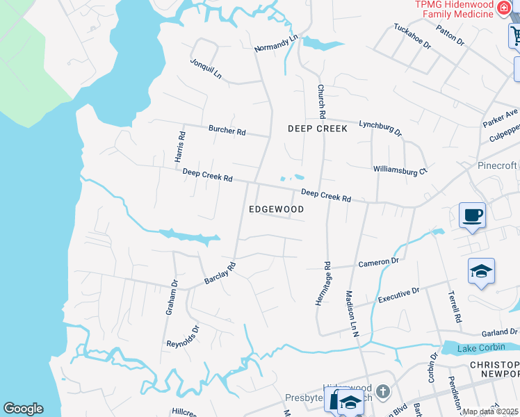 map of restaurants, bars, coffee shops, grocery stores, and more near 28 Whits Court in Newport News