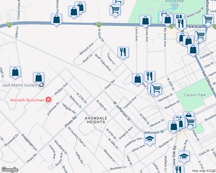 map of restaurants, bars, coffee shops, grocery stores, and more near 3443 Pines Road in Paducah