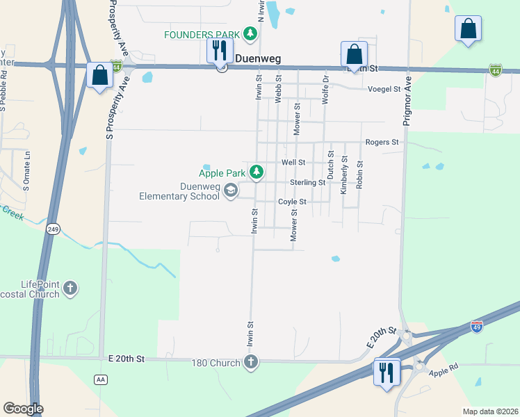map of restaurants, bars, coffee shops, grocery stores, and more near 709 Irwin Street in Joplin