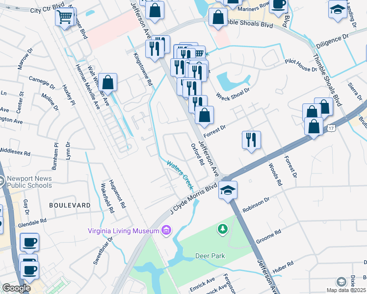 map of restaurants, bars, coffee shops, grocery stores, and more near 28 Rugby Road in Newport News
