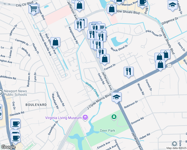 map of restaurants, bars, coffee shops, grocery stores, and more near 28 Rugby Road in Newport News