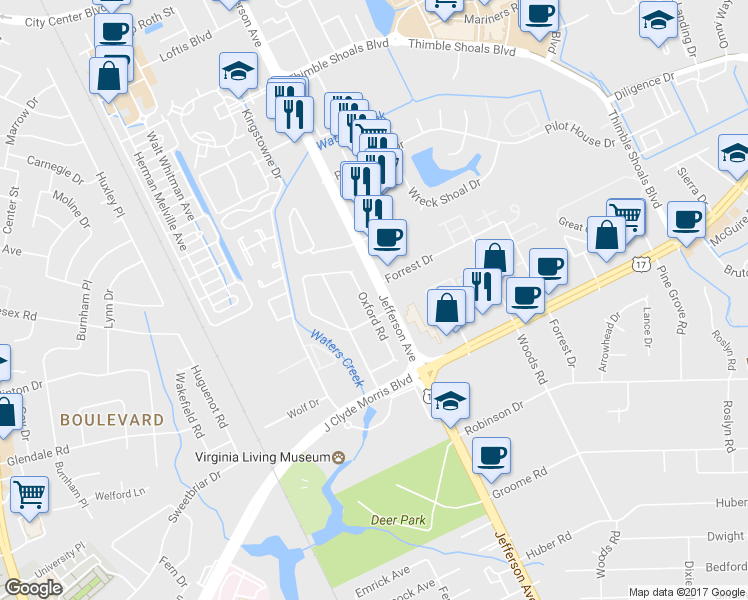 map of restaurants, bars, coffee shops, grocery stores, and more near 34 Oxford Road in Newport News