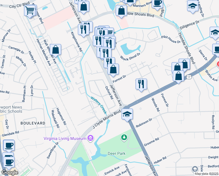 map of restaurants, bars, coffee shops, grocery stores, and more near 34 Oxford Road in Newport News
