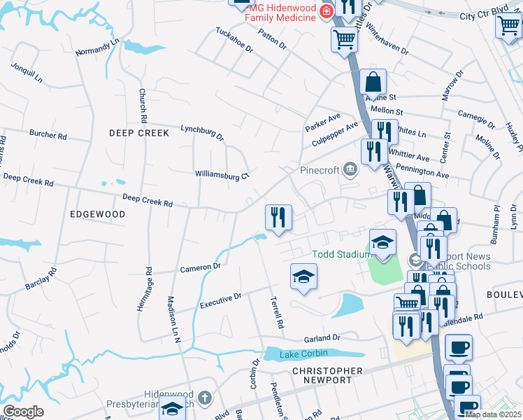 map of restaurants, bars, coffee shops, grocery stores, and more near 197 Wellesley Drive in Newport News