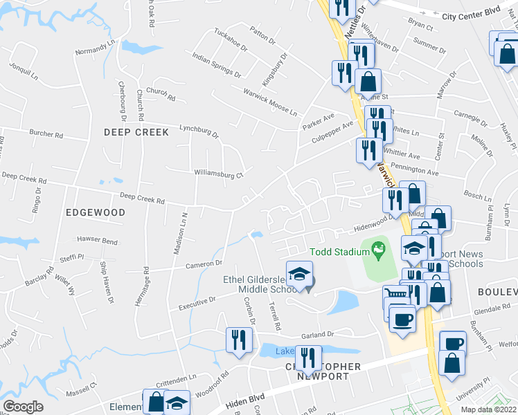 map of restaurants, bars, coffee shops, grocery stores, and more near 195 Wellesley Drive in Newport News
