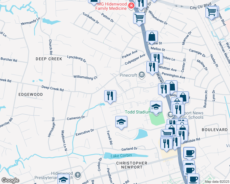map of restaurants, bars, coffee shops, grocery stores, and more near 142 Kenilworth Drive in Newport News