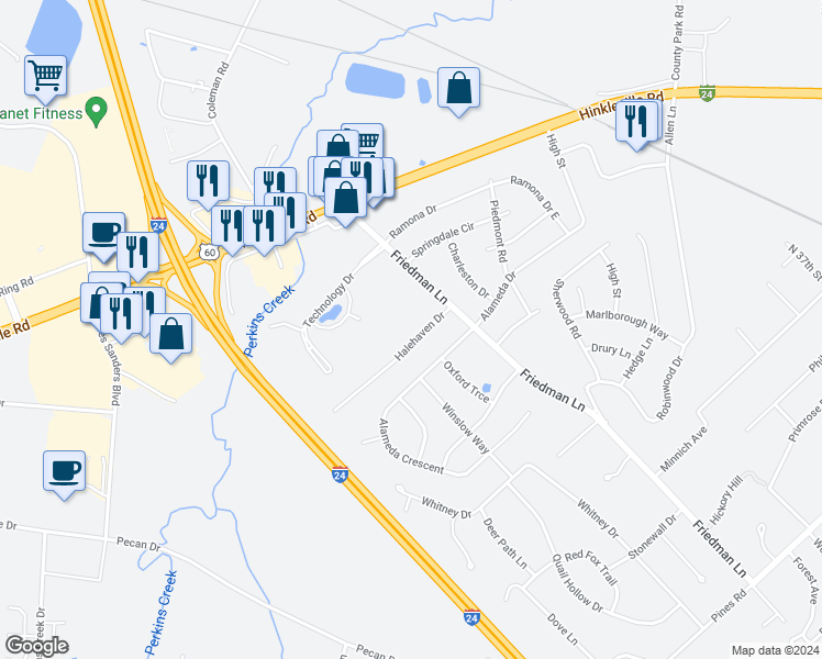 map of restaurants, bars, coffee shops, grocery stores, and more near 3845 Halehaven Drive in Paducah