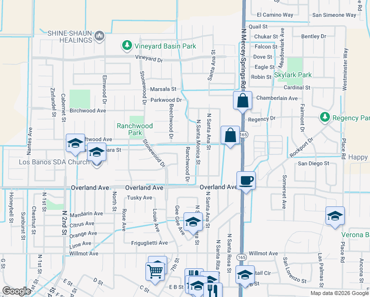map of restaurants, bars, coffee shops, grocery stores, and more near 1050 Santa Barbara Drive in Los Banos