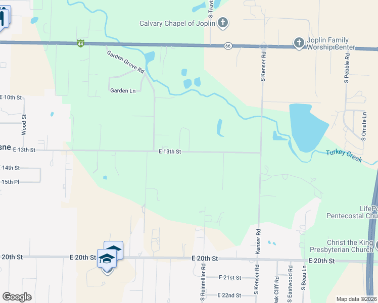 map of restaurants, bars, coffee shops, grocery stores, and more near 1398 South Brynewood Lane in Joplin